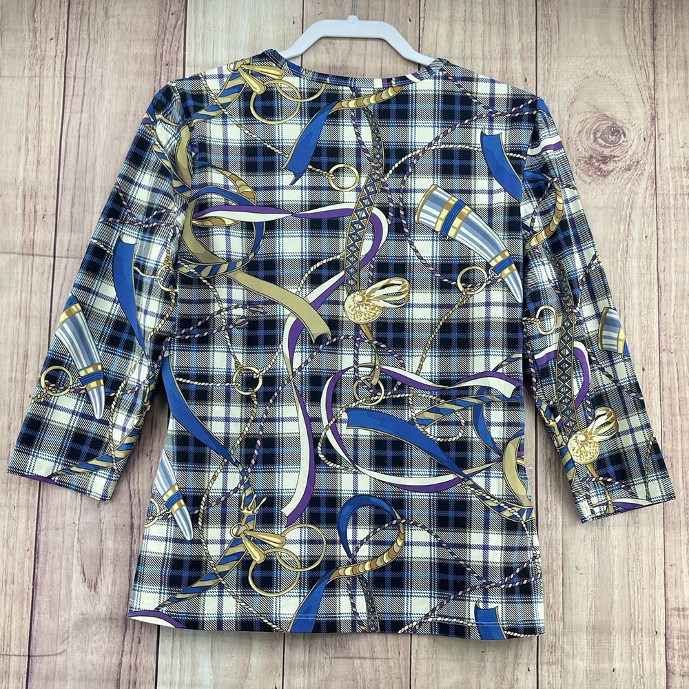 J McLaughlin Catalina Horsebit Equestrian Sz L Blue Tan Plaid 3/4 Slvs Top Shirt